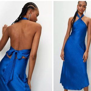 Sustainable Knot Halter Neck Satin Midi Dress - Cobalt Blue